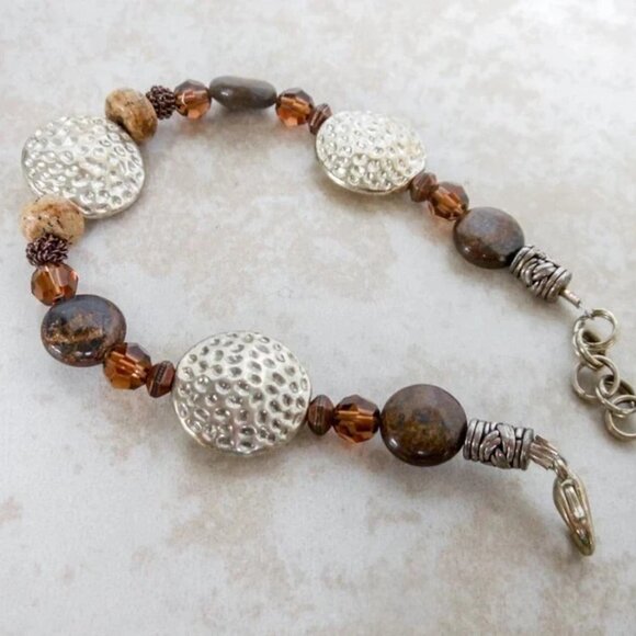 Boho Brown Beaded Bracelet w/ Hammered Silver Tone Discs Adjustable - Picture 4 of 5